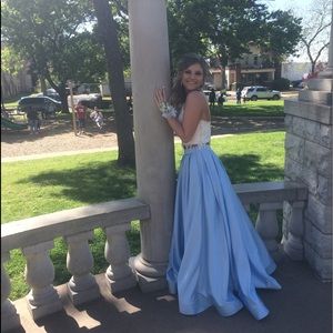 White and blue two piece prom dress